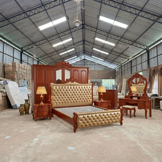 Classic Solid Wood Bridal Bed Set | Premium Golden Tufted Leatherette &amp; Rich Mahogany Polish Bedroom Furniture