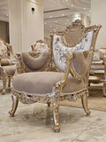 Complete High-Crown Tufted Sofa Set | Luxury Gold Leaf Wedding Furniture with Carved Coffee Table
