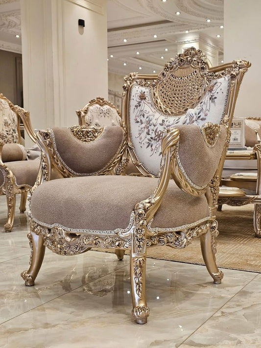 Complete High-Crown Tufted Sofa Set | Luxury Gold Leaf Wedding Furniture with Carved Coffee Table
