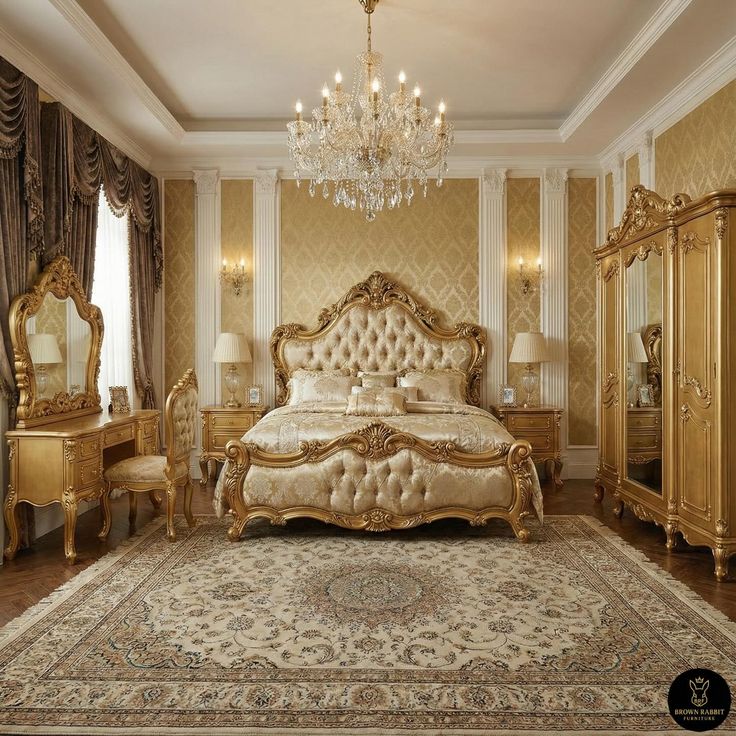 Complete Luxury Crown Bed Set | Antique Champagne Gold Tufted Wedding Furniture
