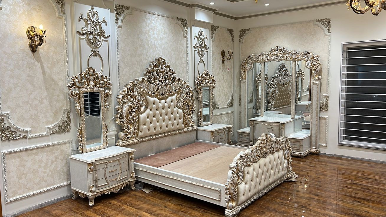 Chiniot Furniture Olimpos Deluxe Bedroom Set: Luxurious Gold-Carved Elegance for Timeless Living