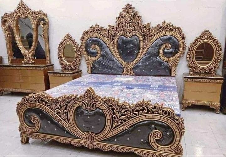 Royal Hand-Carved Maharaja Wedding Bed Set | Premium Antique Gold Finish Luxury Bedroom Furniture