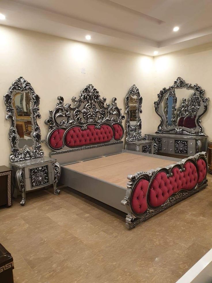 Modern-Victorian Royal Silver Deco Bed Set | Premium Metallic Silver Finish &amp; Maroon Tufted Bridal Furniture