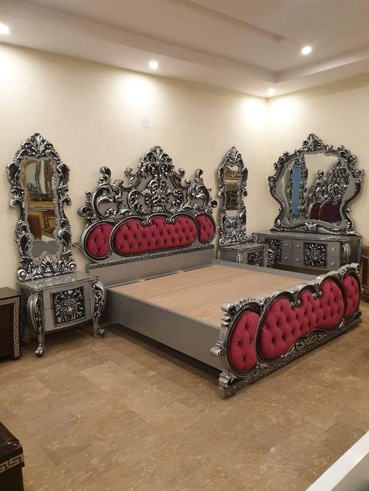 Modern-Victorian Royal Silver Deco Bed Set | Premium Metallic Silver Finish &amp; Maroon Tufted Bridal Furniture