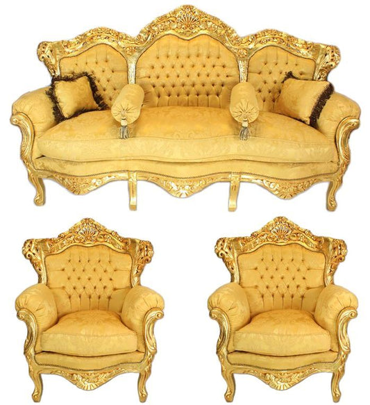 Complete High-Crown Jamawar Sofa Set | Luxury Gold Leaf Wedding Furniture with Tables