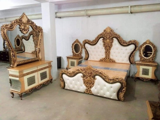 Royal Maharaja Gold Master Bed Set – Intricate Crown Carving with Premium White Diamond Tufted Cushioning &amp; Heavy Base Suite