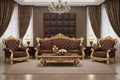 Complete Tufted Brown Sofa Set | Luxury Gold Leaf Wedding Furniture with Marble Top Coffee Table