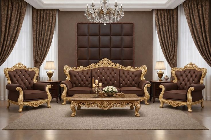 Complete Tufted Brown Sofa Set | Luxury Gold Leaf Wedding Furniture with Marble Top Coffee Table