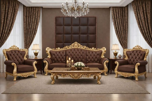Complete Tufted Brown Sofa Set | Luxury Gold Leaf Wedding Furniture with Marble Top Coffee Table