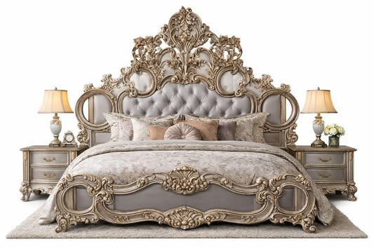 Premium Gold Masterpiece Bed Set | Luxury Antique Style Custom Wooden Bedroom Furniture