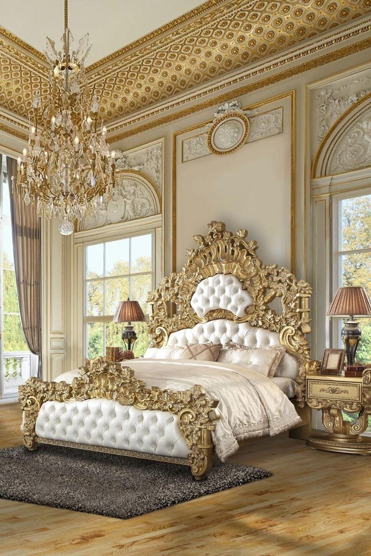 Ultra-Luxury Imperial Gold Master Bed Set – Royal Baroque Carved High Crown with Premium White Tufted Cushion Suite