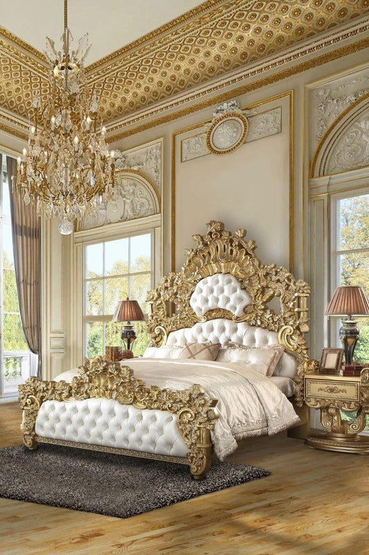 Ultra-Luxury Imperial Gold Master Bed Set – Royal Baroque Carved High Crown with Premium White Tufted Cushion Suite