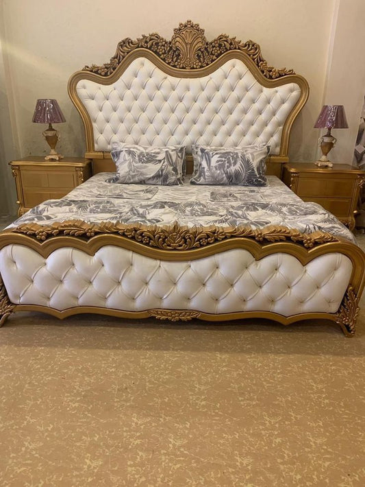 Premium Antique Gold Master Bed Set – Royal Curved Crown Headboard with Elegant Cream Diamond Tufted Upholstery