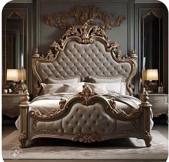 Premium Victorian Matte Gold Master Bed Set – High-Towering Crown Headboard with Luxury Deep-Tufted Ash Grey Velvet