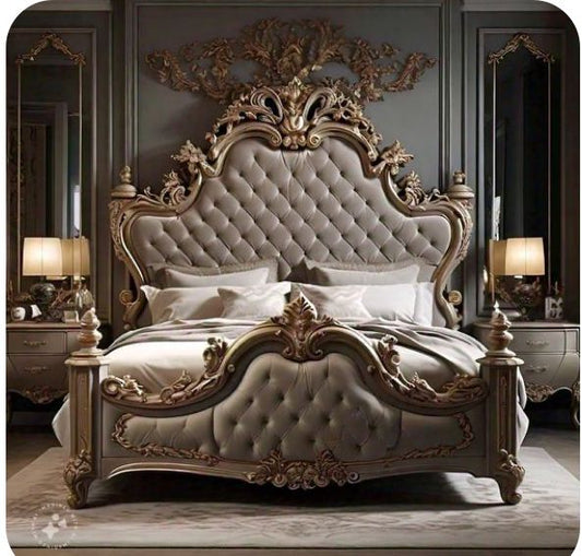 Premium Victorian Matte Gold Master Bed Set – High-Towering Crown Headboard with Luxury Deep-Tufted Ash Grey Velvet