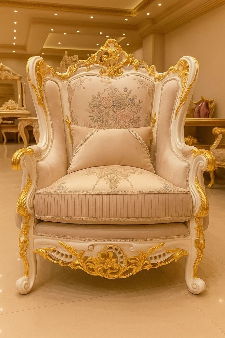 Premium Gold Leaf Victorian Crown 7 Seater Sofa Set | Luxury Tufted Leatherette Wedding Furniture