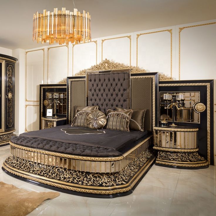 Premium Italian-Style High-Gloss Black &amp; Gold Bed Set | Luxury Tufted Cushioning &amp; Mirror Reflection Bridal Furniture