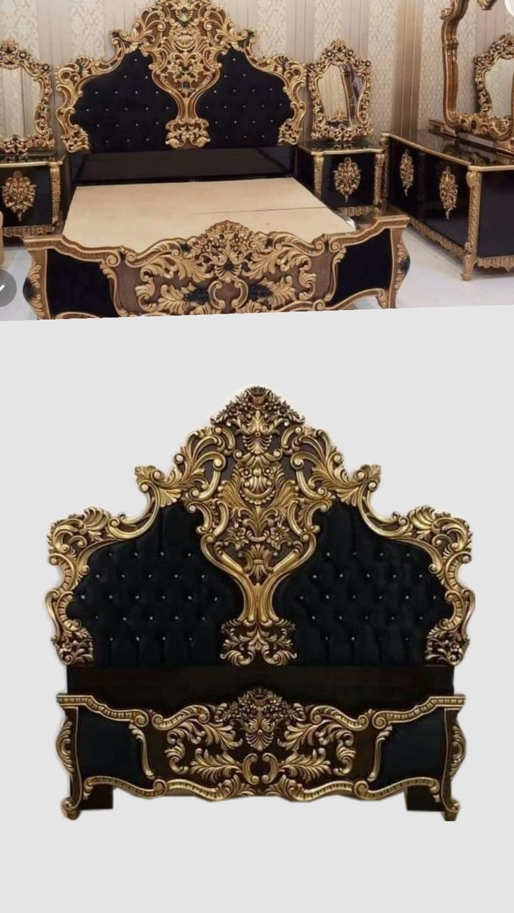 Royal Black Velvet &amp; Antique Gold Carved Bed Set | Premium Maharaja Bridal Bedroom Furniture