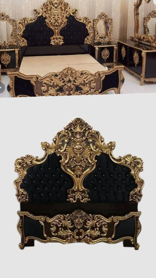 Royal Black Velvet &amp; Antique Gold Carved Bed Set | Premium Maharaja Bridal Bedroom Furniture